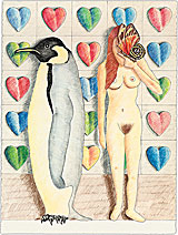 Naked Woman, Penguin and Butterfly
